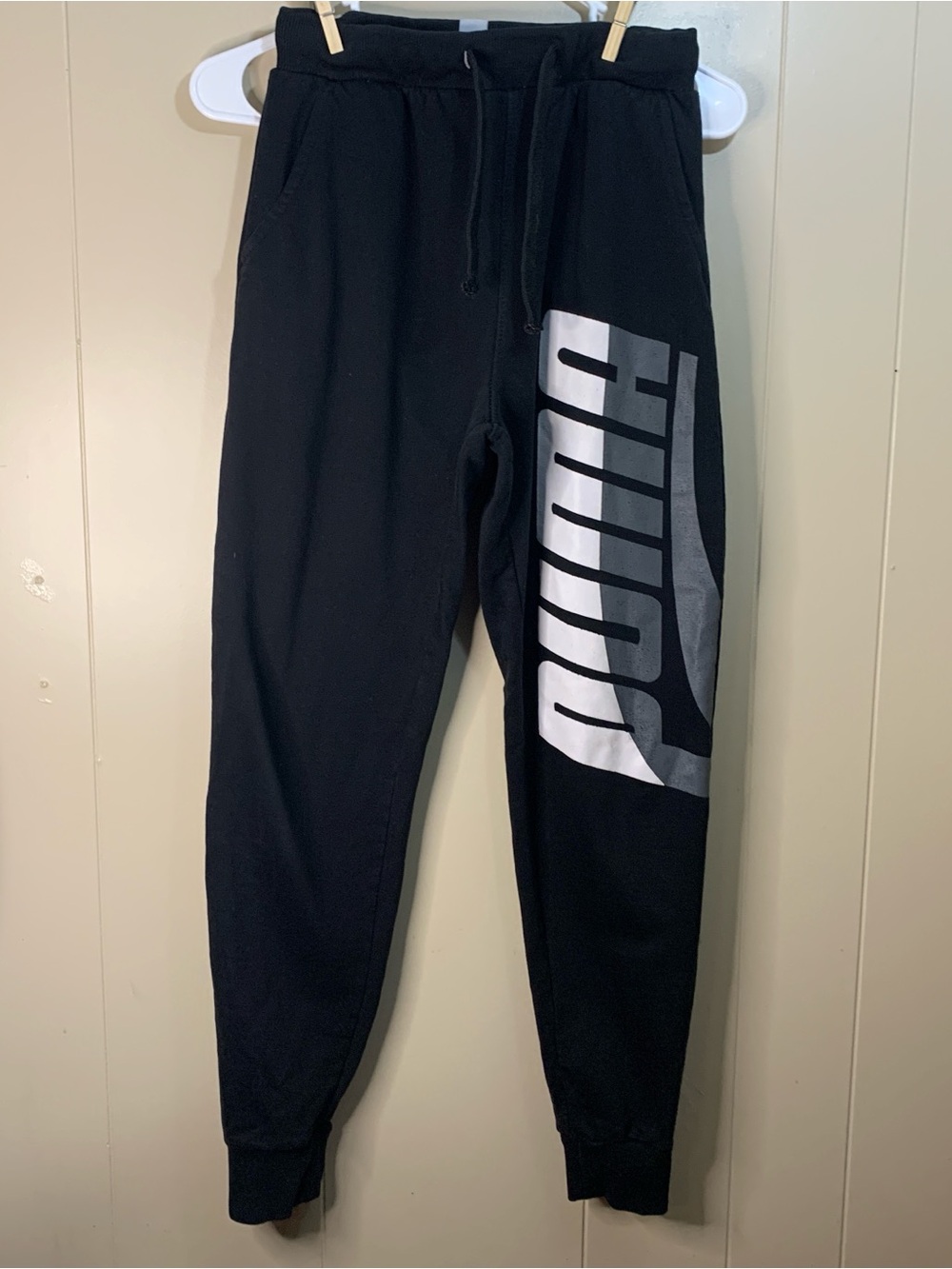 Boys LPuma Black Joggers with Large White and Gray Logo